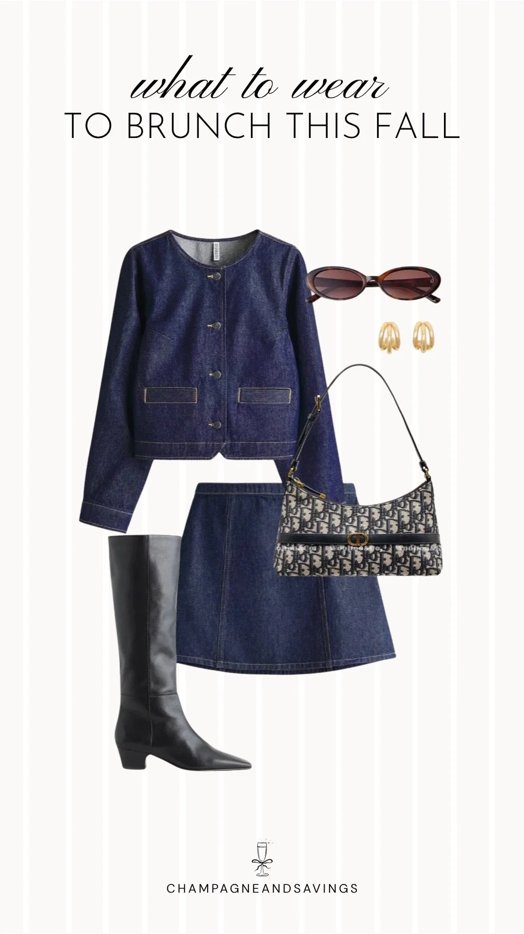 Collage of outfit pieces featuring a navy denim jacket styled with a matching mini skirt and tall boots for a chic and trendy fall brunch outfit idea.