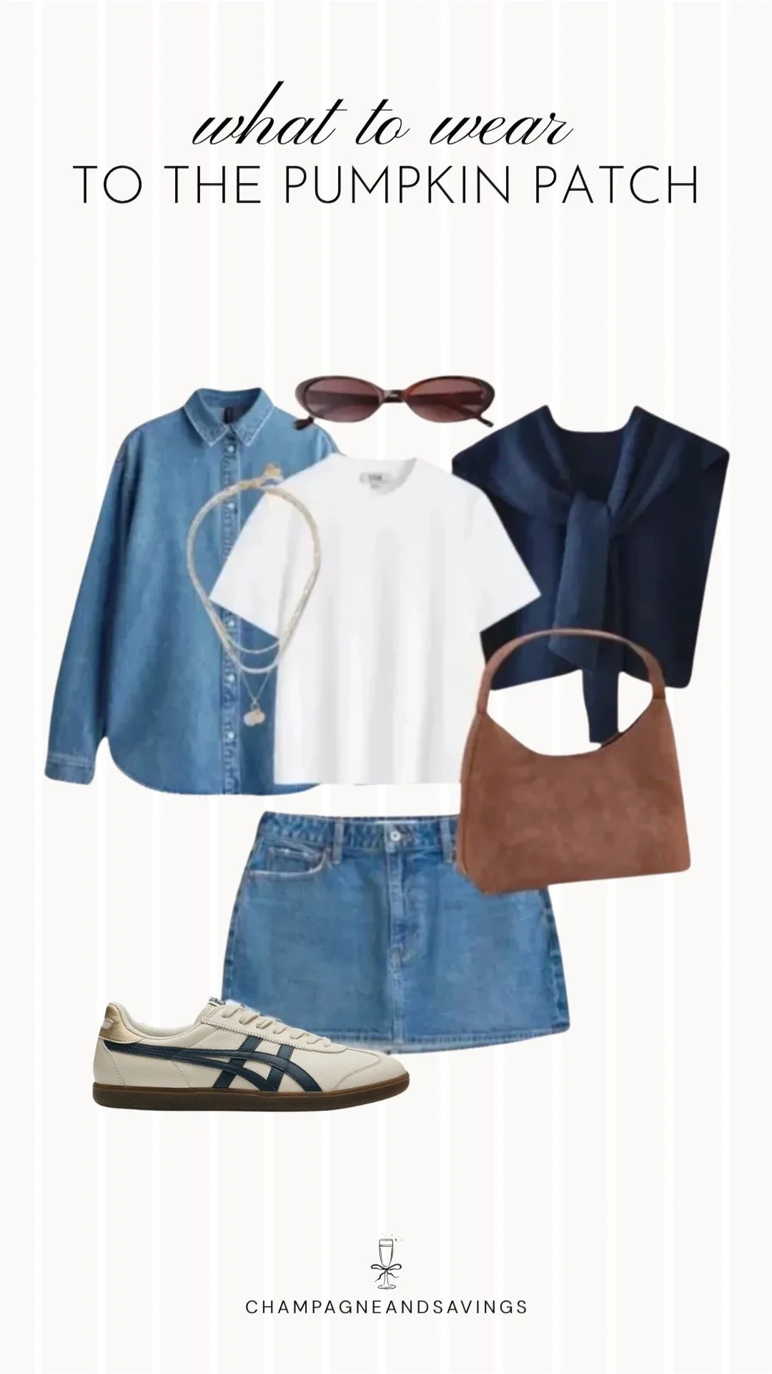 Collage of outfit pieces featuring a denim mini skirt styled with a basic tee and a navy sweater draped over the shoulders for a casual pumpkin patch outfit idea with a classic preppy fall vibe.