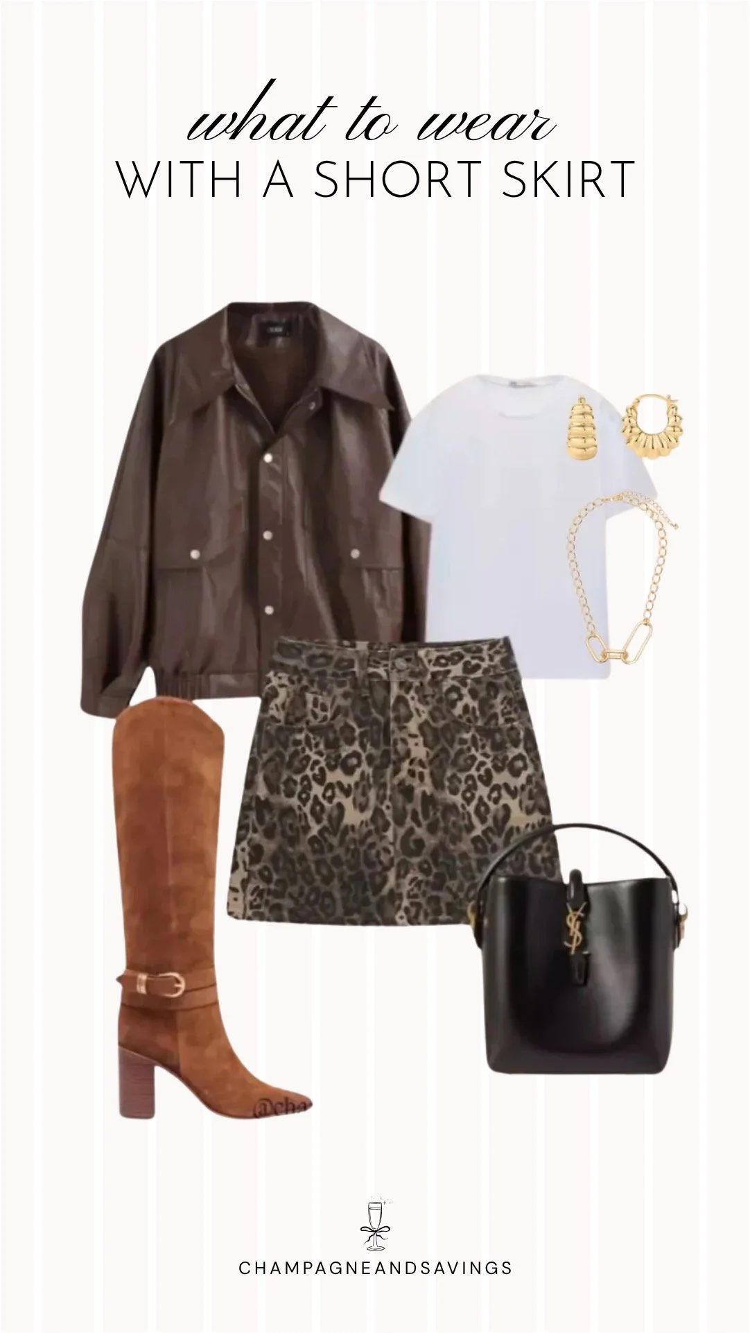 Collage of outfit pieces featuring a short skirt styled with leopard print pieces and tall boots for a bold, trendy outfit idea.
