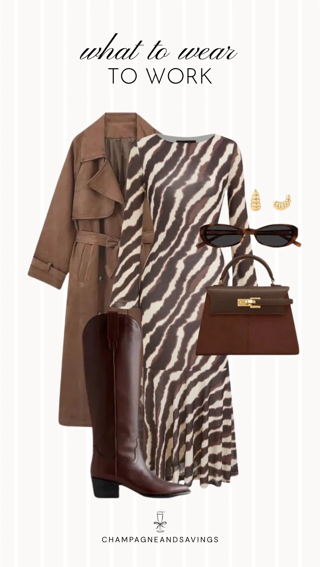 Edgy work outfit collage featuring an animal print midi dress layered with a suede trench coat and tall boots, creating a sophisticated office-ready look with bold texture and modern style.