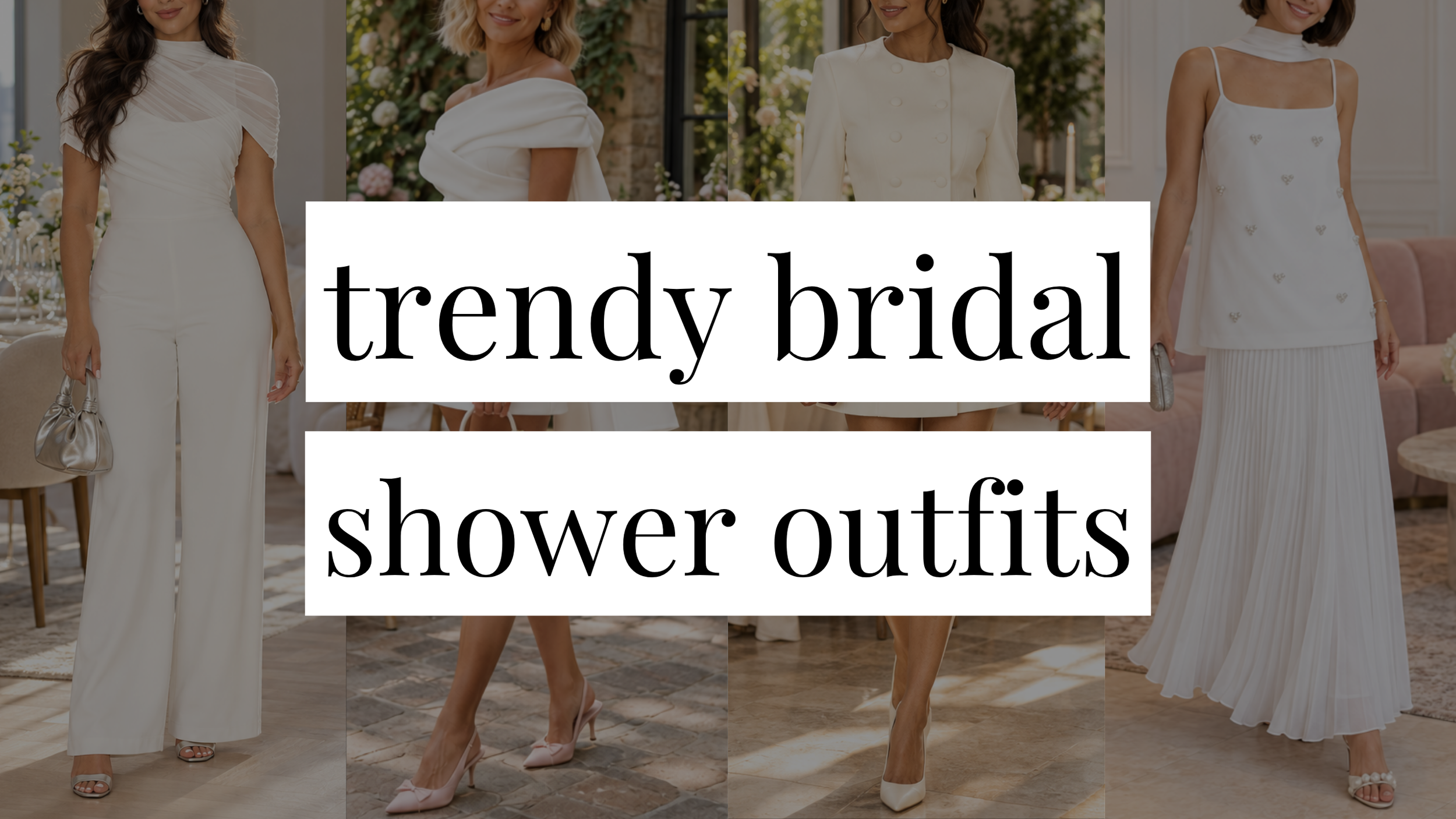 Image that says Trendy Bridal Shower Outfits and has a collage of girls in styled outfits in the background.