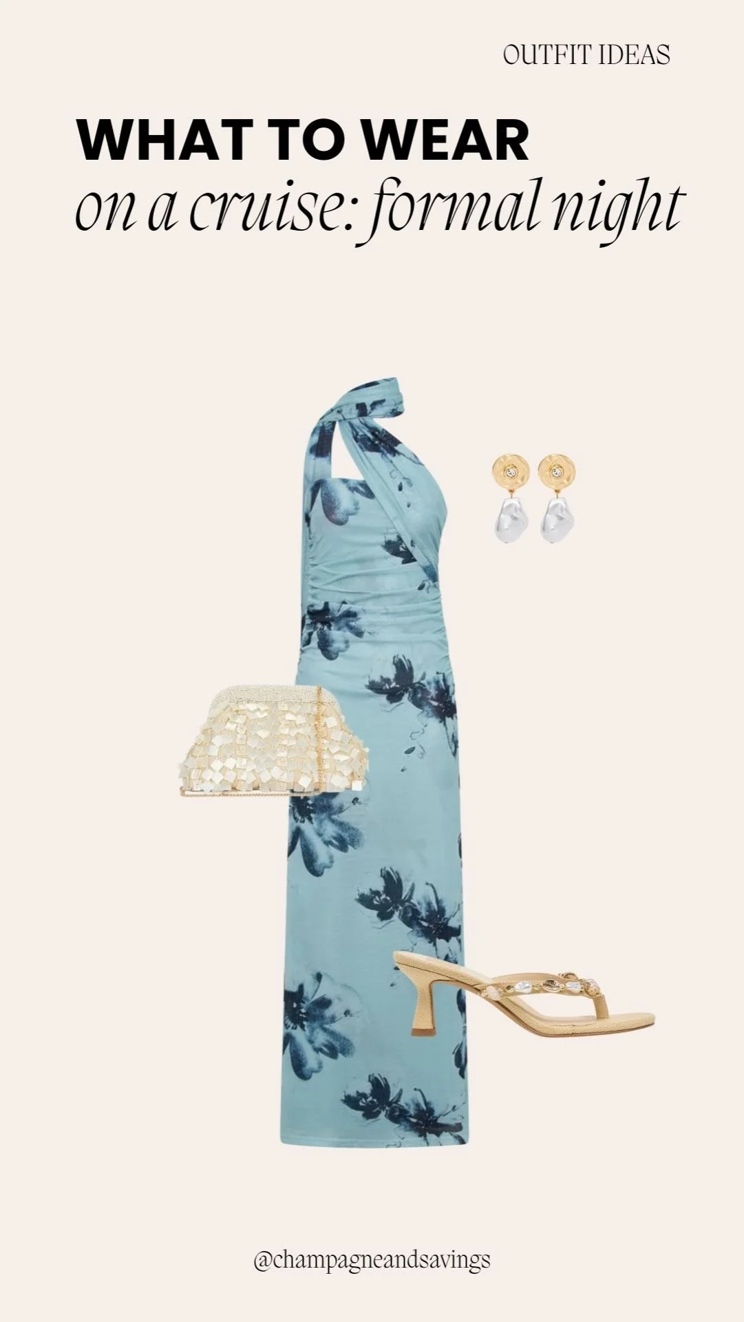 Soft blue floral halter dress styled as a cute cruise outfit, perfect for warm weather vacations and seaside dining.