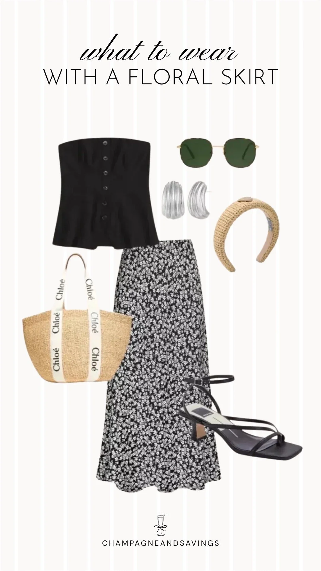 Collage of outfit pieces featuring a floral skirt styled with a black strapless top and a raffia headband for a chic, summer-ready outfit