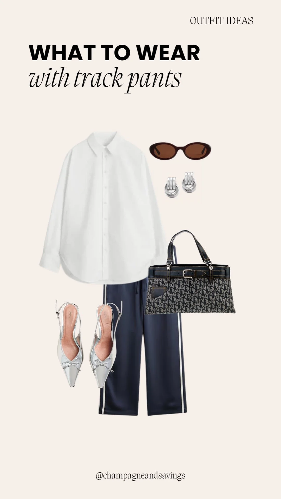 Collage of outfit pieces for a “Track Pants with a Crisp White Button Down” look, featuring track pants paired with a crisp white button-down shirt and polished casual pieces, styled in a chic sporty aesthetic.
