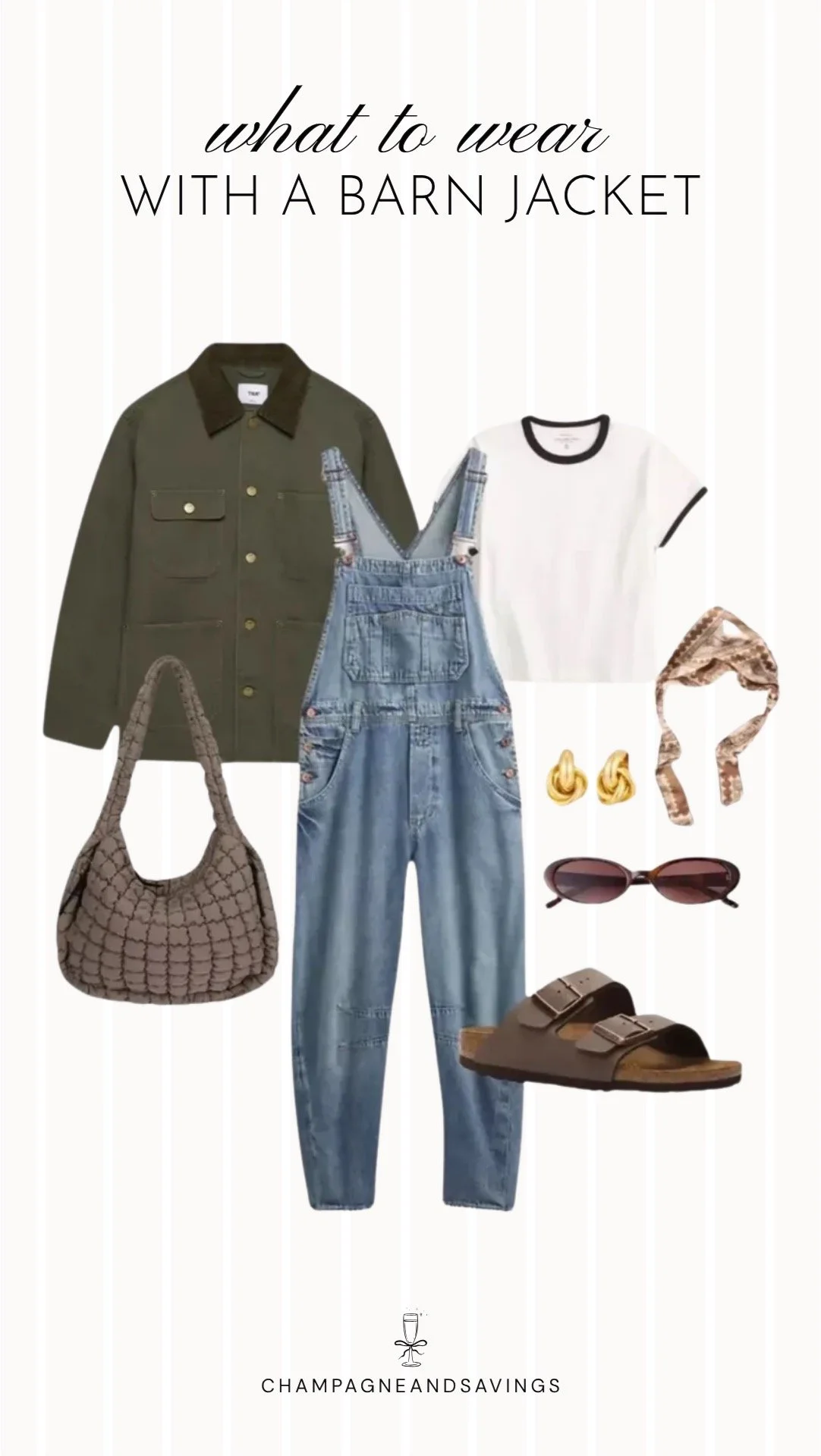 Outfit collage featuring a barn jacket styled with overalls and sandals for a relaxed transitional outfit perfect for mild fall days.