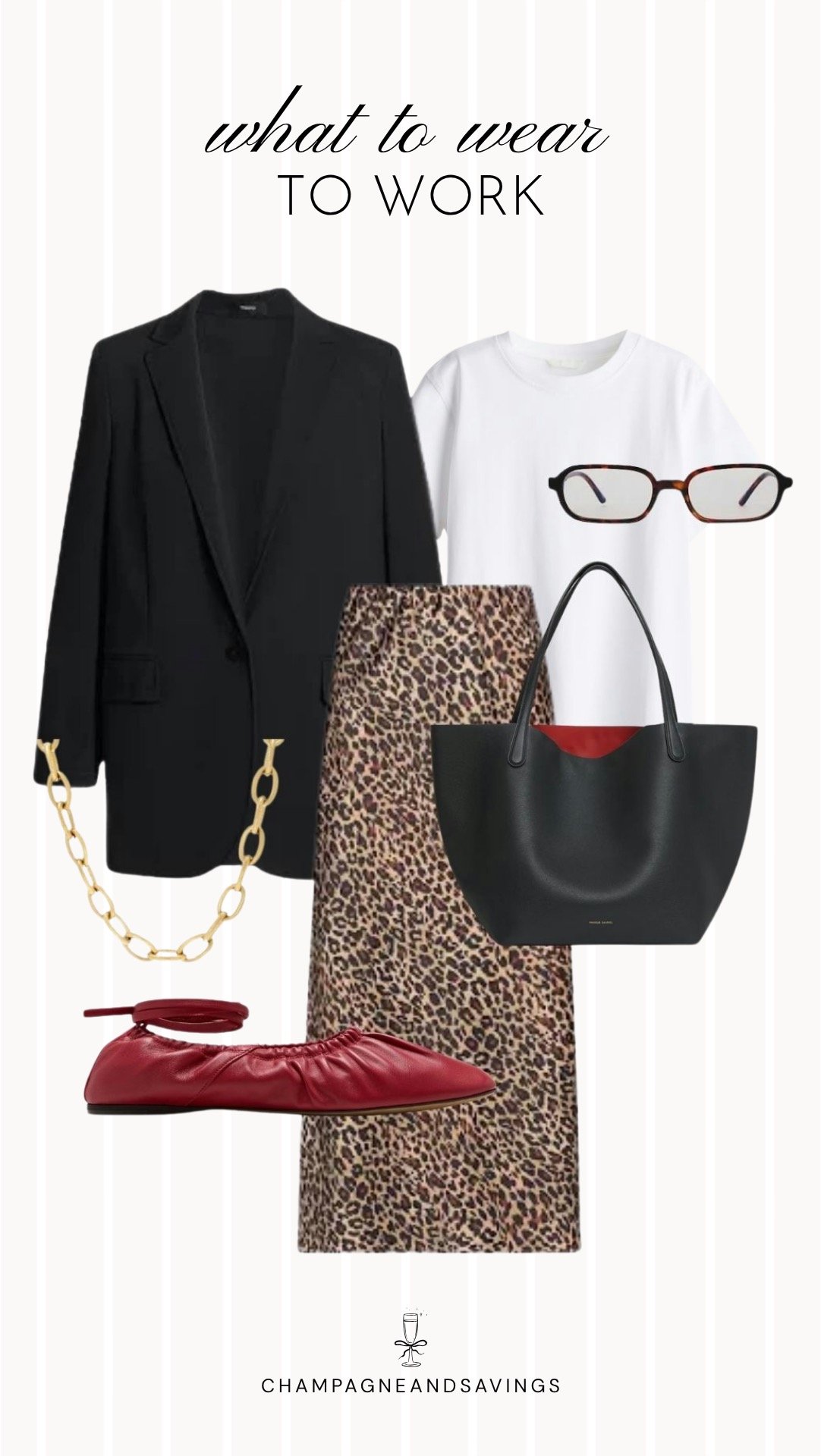 Edgy work outfit collage featuring a black blazer paired with a leopard print midi skirt and red flats, combining classic tailoring with bold patterns and color for a polished, statement-making office look.