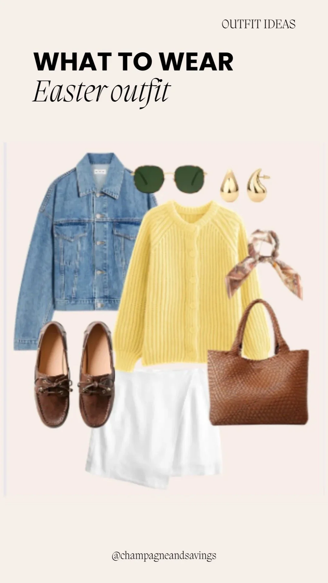 Easter outfit ideas collage showing a yellow cardigan paired with a white skort and coordinating accessories.