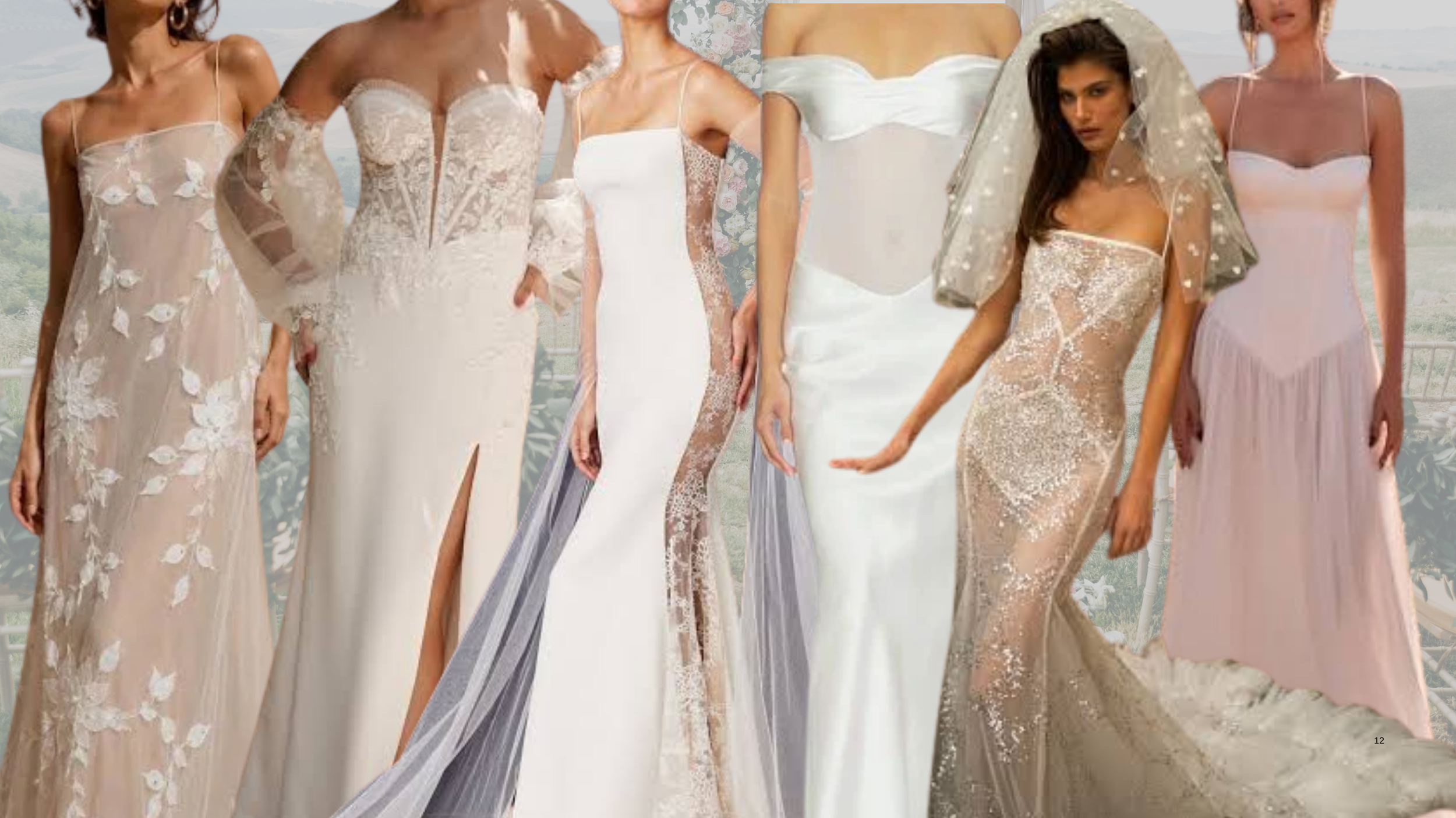 Collage of trending wedding gowns for 2027 featuring sheer and illusion details.