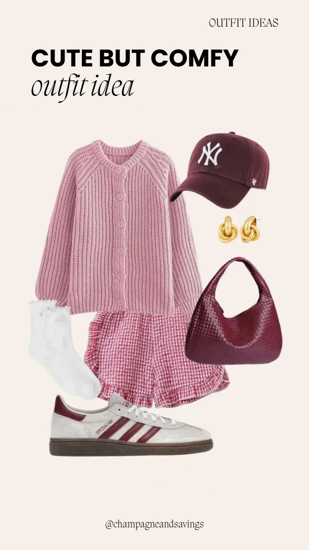 Outfit collage showing a cute and comfy outfit idea with a cardigan, gingham shorts, and sneakers.