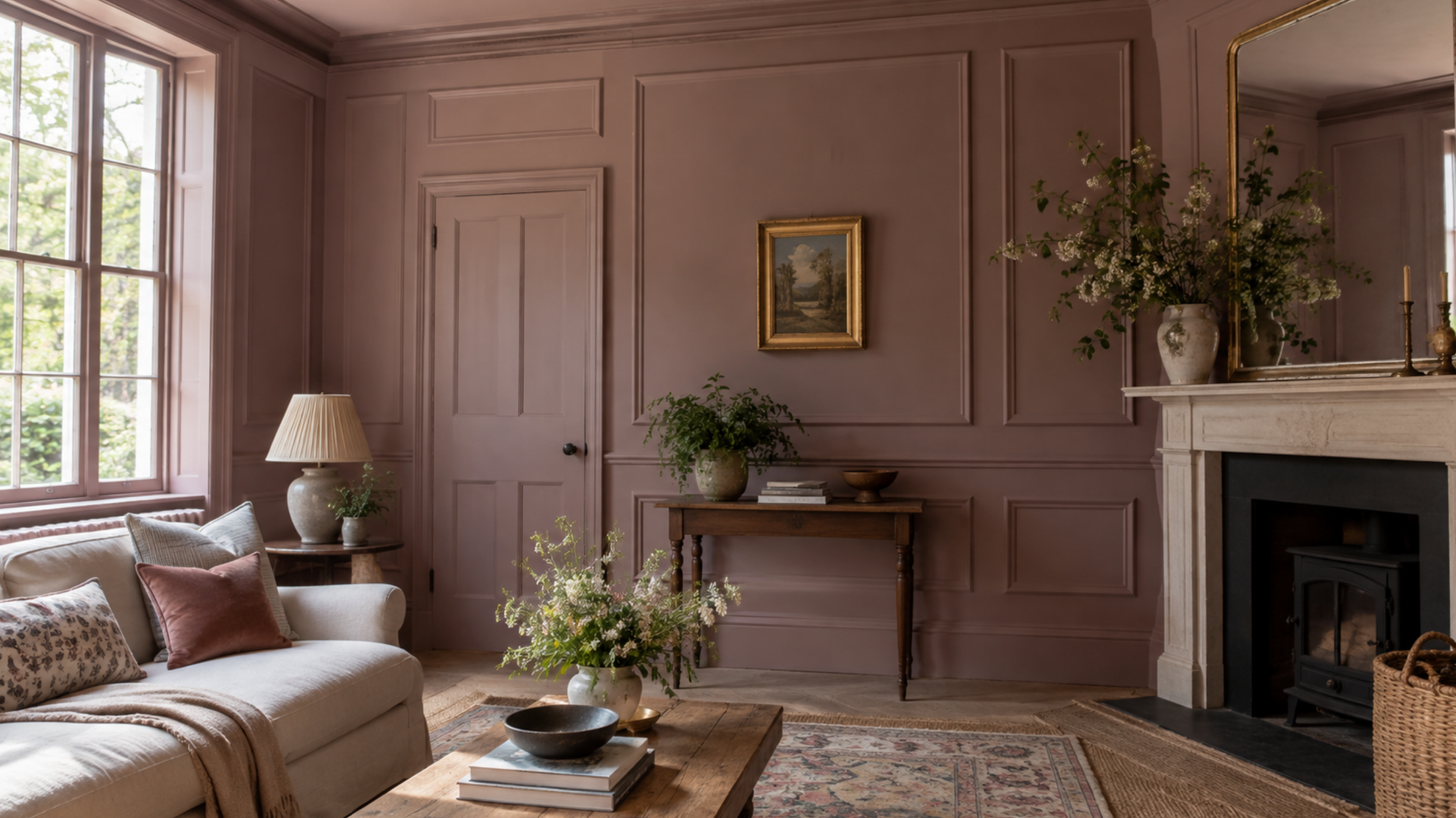 Traditional living room with decorative molding, rich wall color, and elegant trim