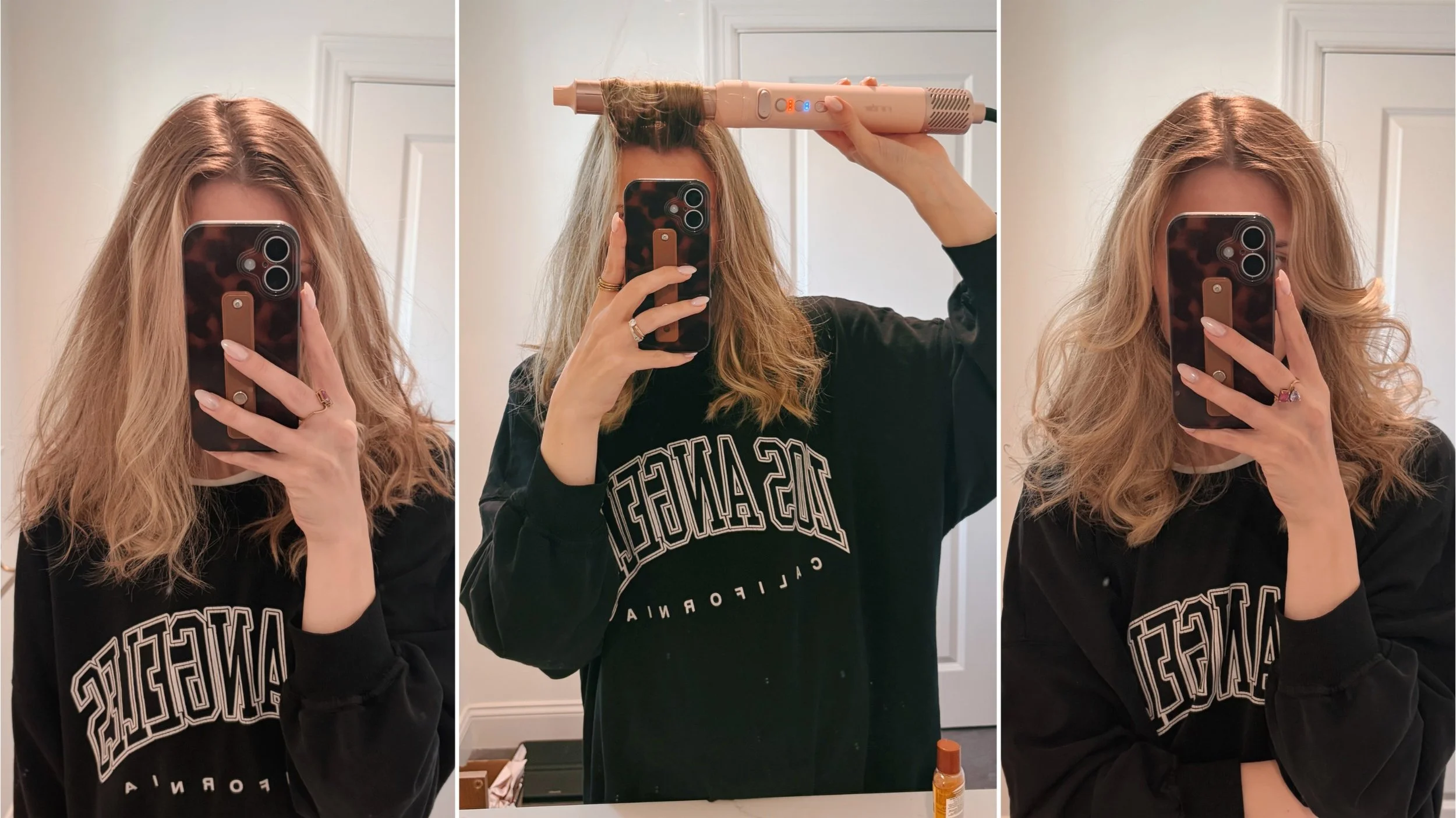 woman before, after and during styling her hair