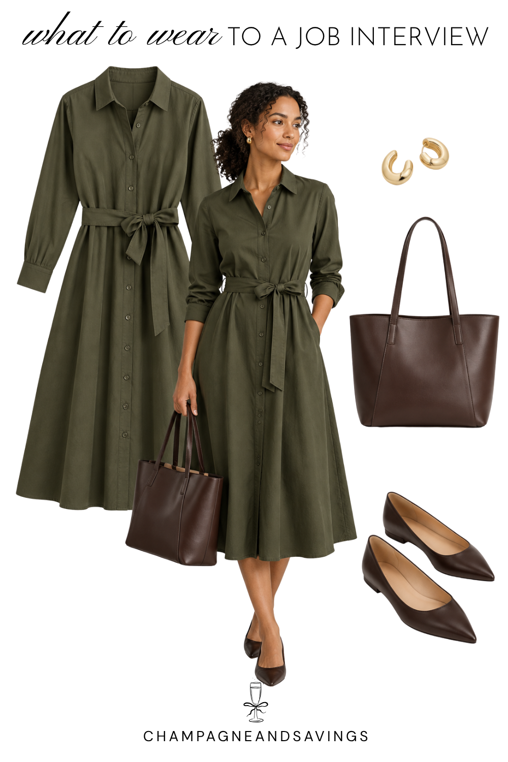 Job interview outfit idea for women featuring a shirt dress paired with closed-toe flats, shown in a collage of outfit pieces for a polished, professional look.