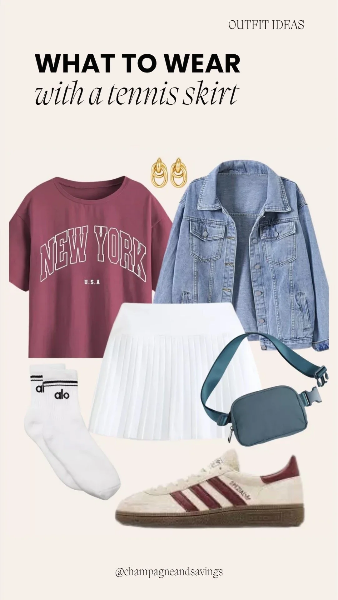 Tennis skirt outfit collage featuring a pleated tennis skirt styled with a graphic tee and a denim jacket for a casual, layered look.