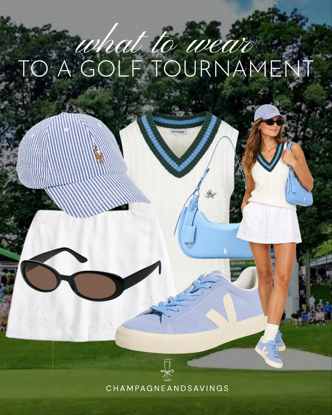 Cute golf tournament spectator outfit idea featuring a sweater vest and white mini skirt, shown in a collage of outfit pieces for a stylish day on the course.