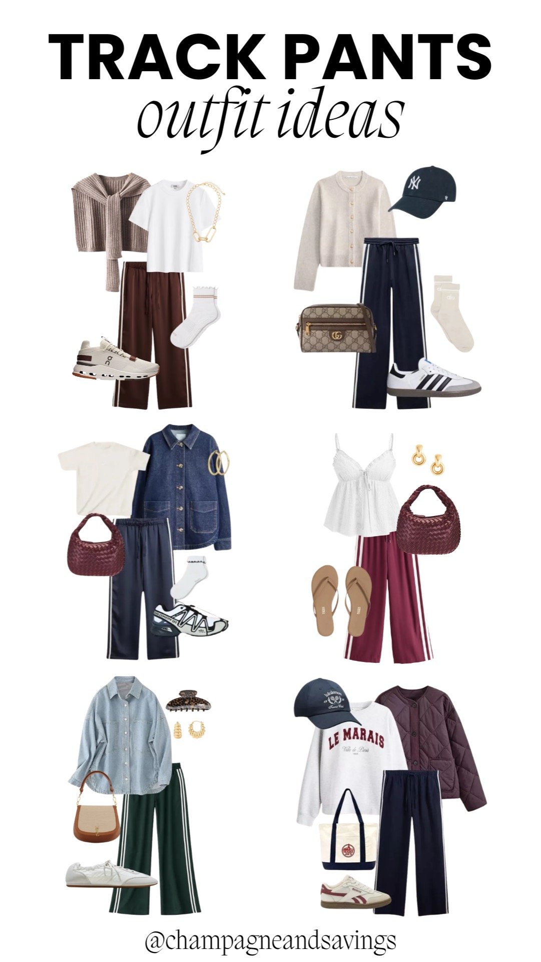 Collage of various outfit pieces in the background with bold text overlay that reads “Track Pants Outfit Ideas,” showcasing multiple sporty and chic styling options.