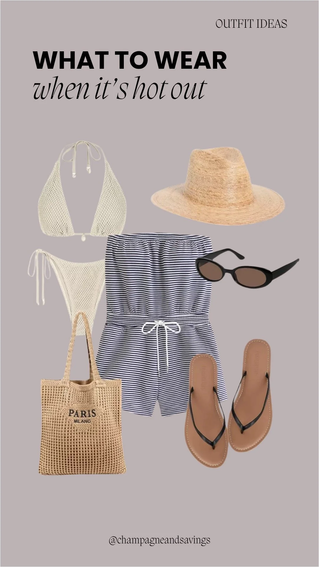 Hot weather outfit collage featuring a bikini top paired with striped shorts and flip flops for a relaxed, beach-ready summer look
