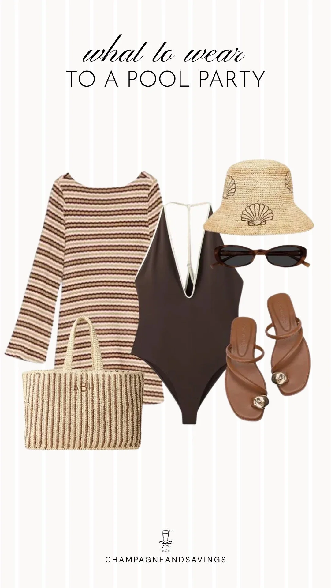 Collage of outfit pieces featuring a striped knit cover up styled with a brown one piece swimsuit for a chic and trendy pool party outfit idea.