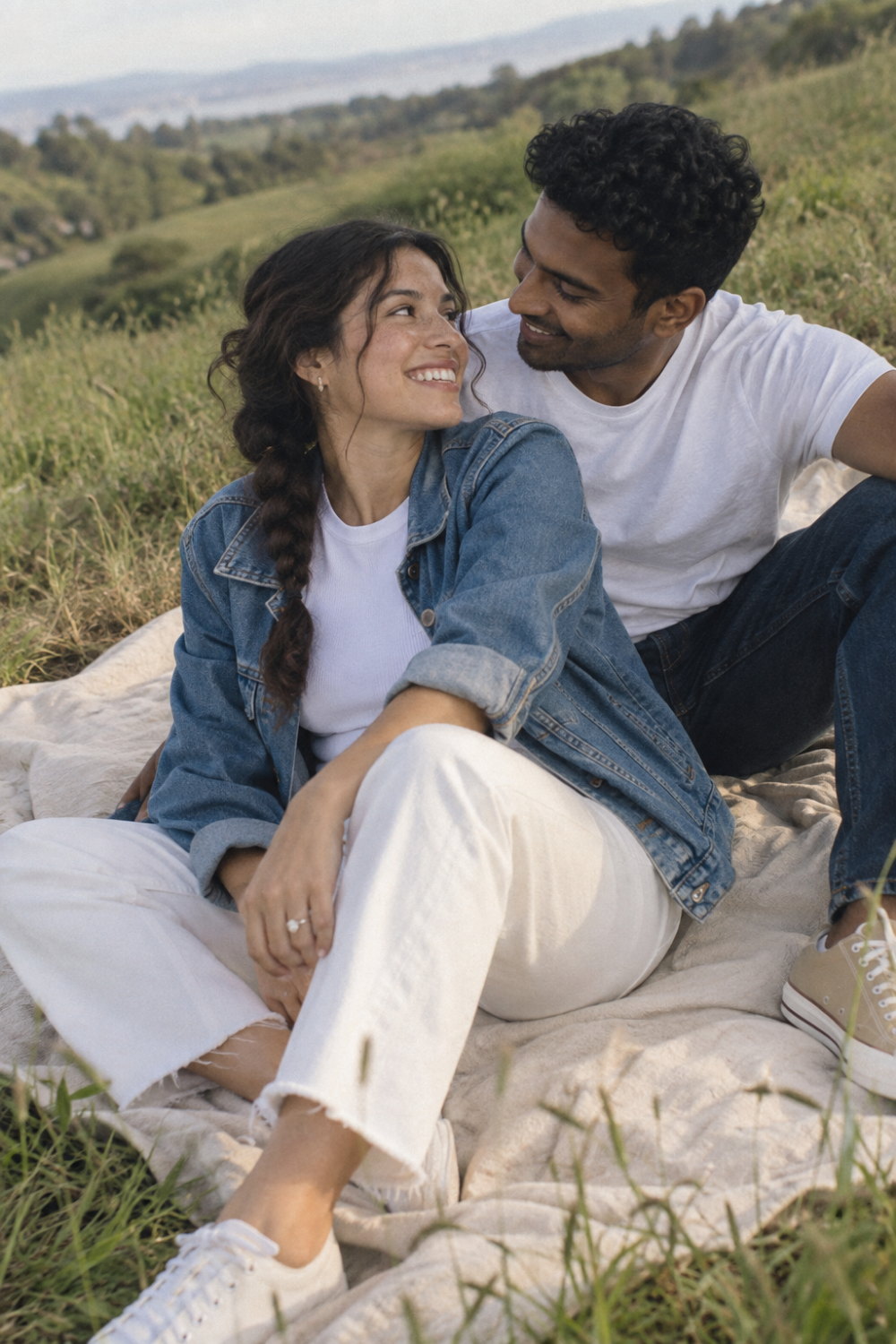 Color & Neutral Engagement Photo Outfit Idea featuring a couple wearing denim and white.