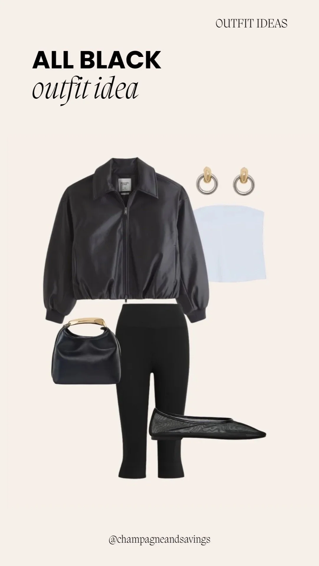 Outfit collage showing a cute and comfy all-black outfit idea with a leather jacket and black capris.