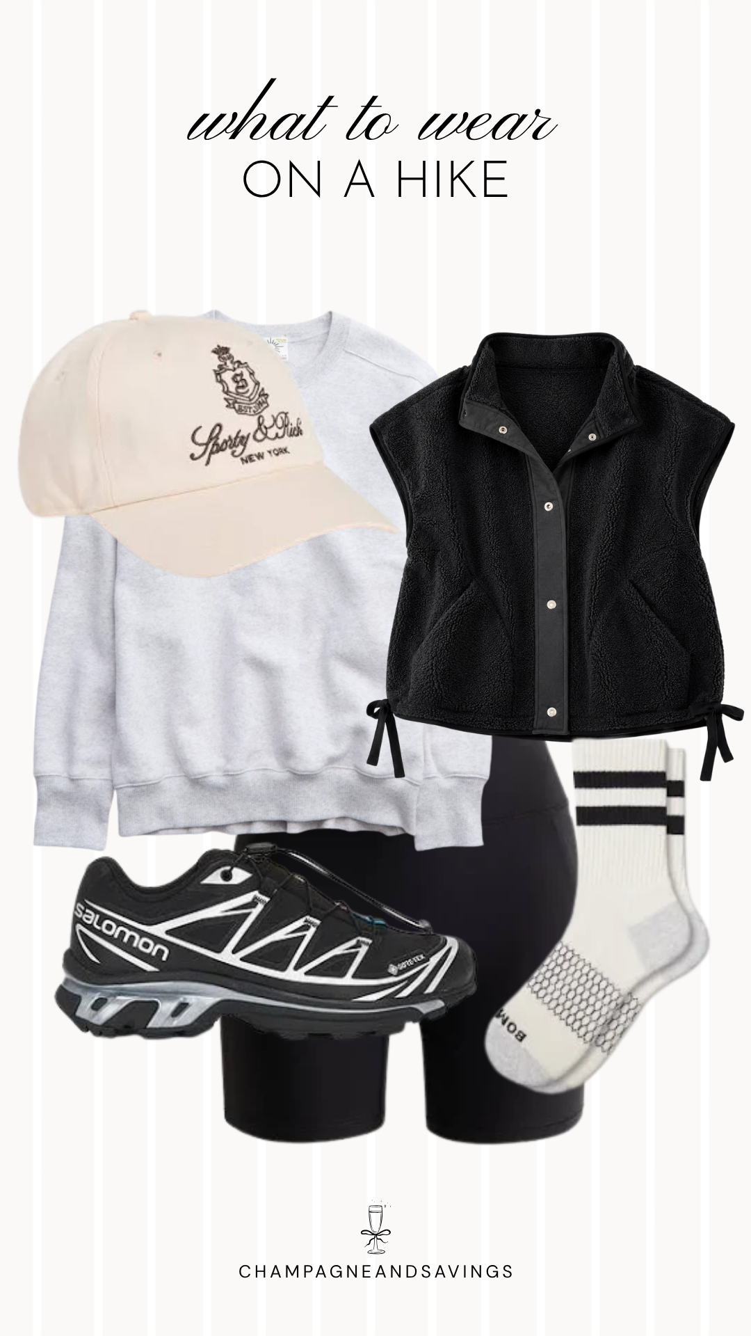 A collage of outfit pieces featuring a grey sweatshirt layered under a black fleece vest with trail sneakers, creating a warm, sporty, and functional hiking outfit for outdoor adventures.