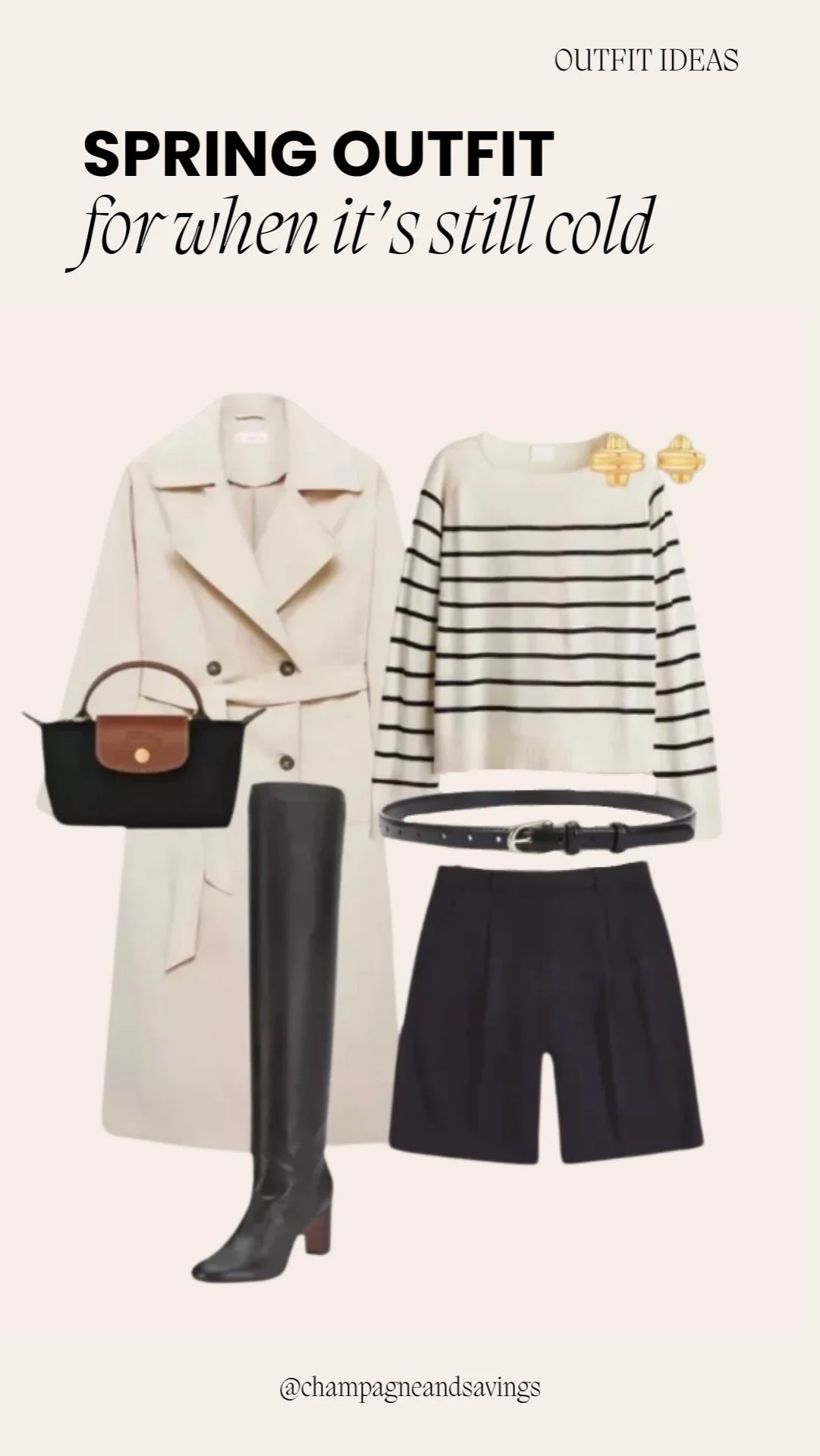 Trench coat outfit styled with a cozy sweater, tailored shorts, and ankle boots for a chic transitional spring look.