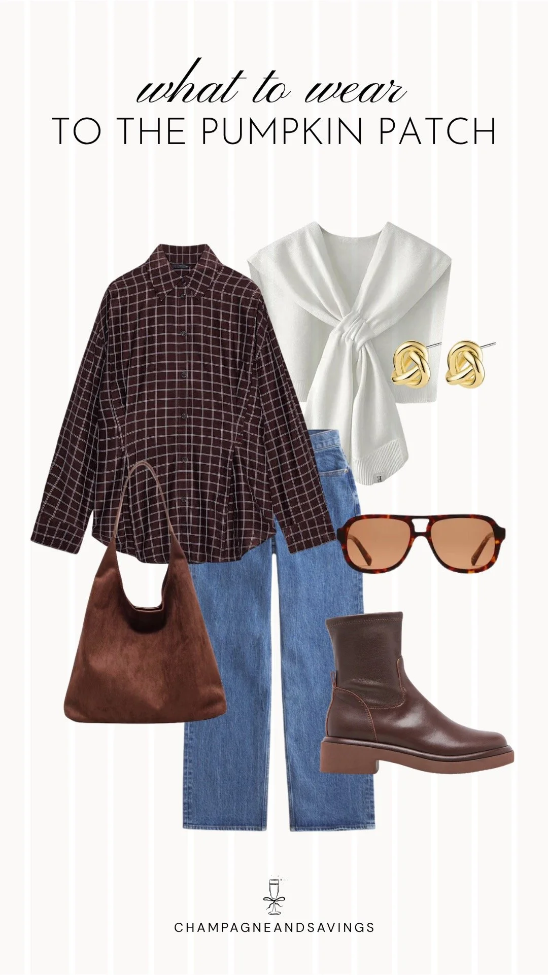 Collage of outfit pieces featuring a plaid button down styled with straight leg jeans and brown boots for a casual pumpkin patch outfit idea with a cozy fall aesthetic.