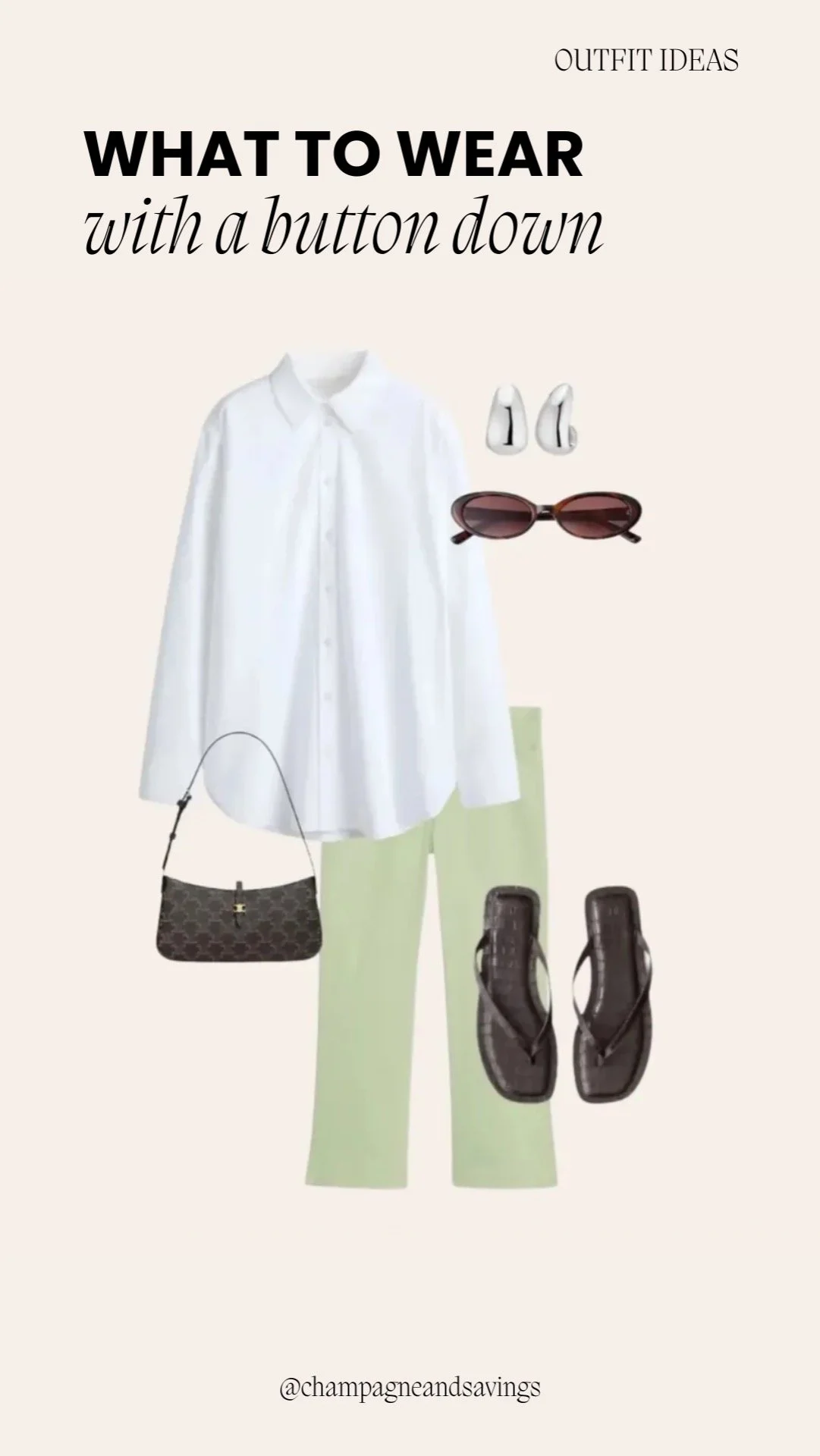 Button down shirt outfit idea featuring green capris styled with a button-down shirt and flip flops, shown in a collage of outfit pieces.