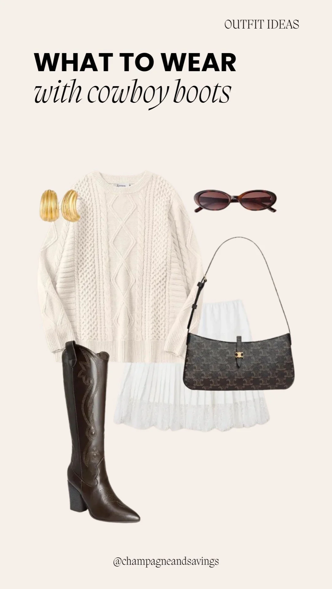 Outfit featuring cowboy boots styled with an oversized sweater and a mini skirt