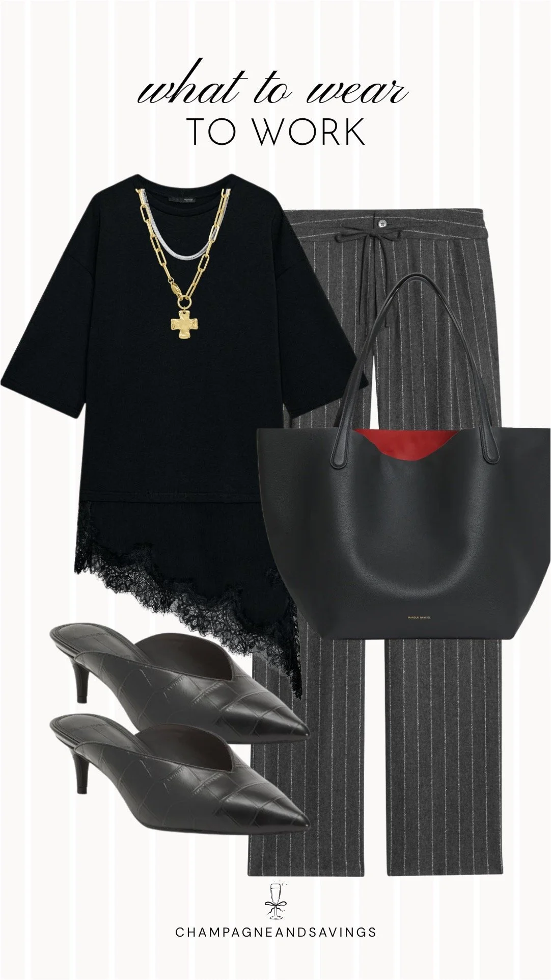 Edgy work outfit collage featuring a lace trim tee paired with pinstripe trousers and kitten heel mules, blending feminine details with tailored pieces for a polished yet modern office-ready look.