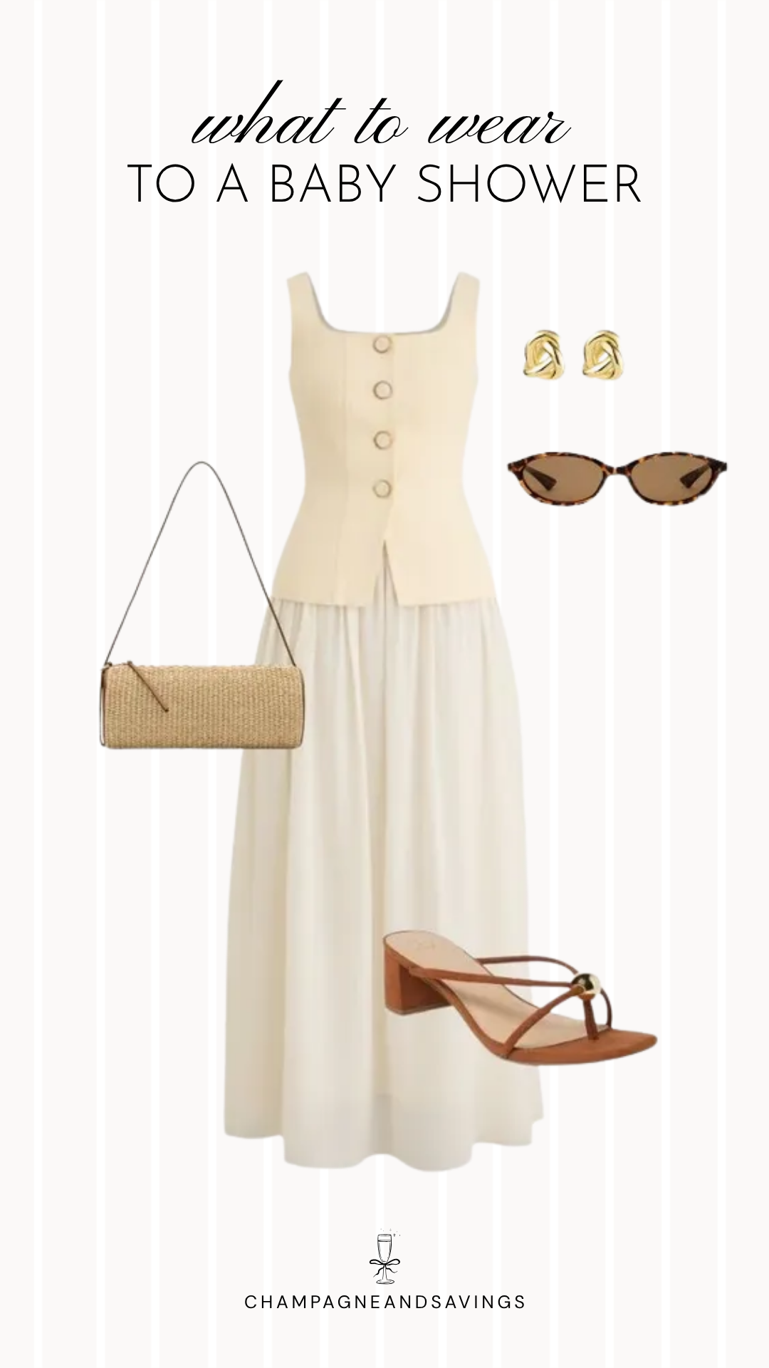 Collage of outfit pieces featuring a cream button vest maxi dress with coordinating shoes, handbag, and accessories for an elegant and trendy baby shower guest outfit idea.