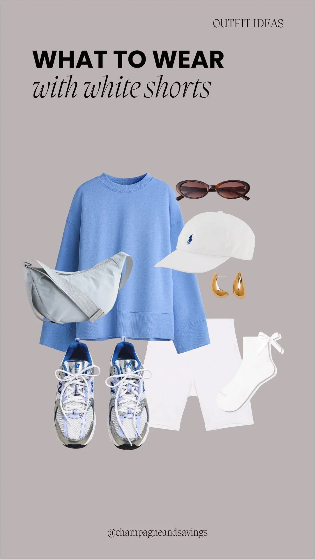 Collage of outfit pieces featuring white shorts styled with an oversized sweatshirt and sneakers for a cozy, casual everyday look.