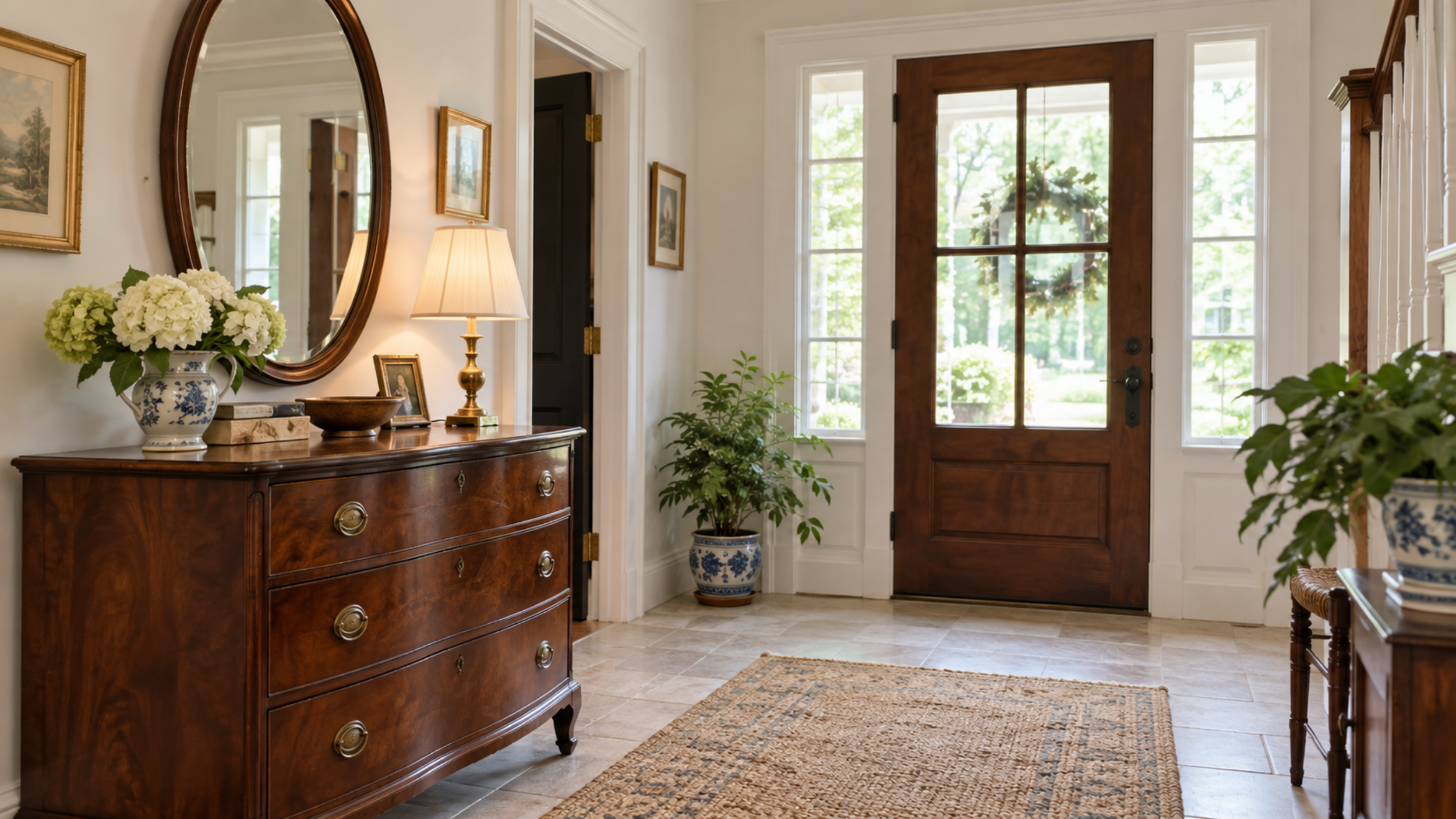 bright entryway with darker wood door and dark wood entry table