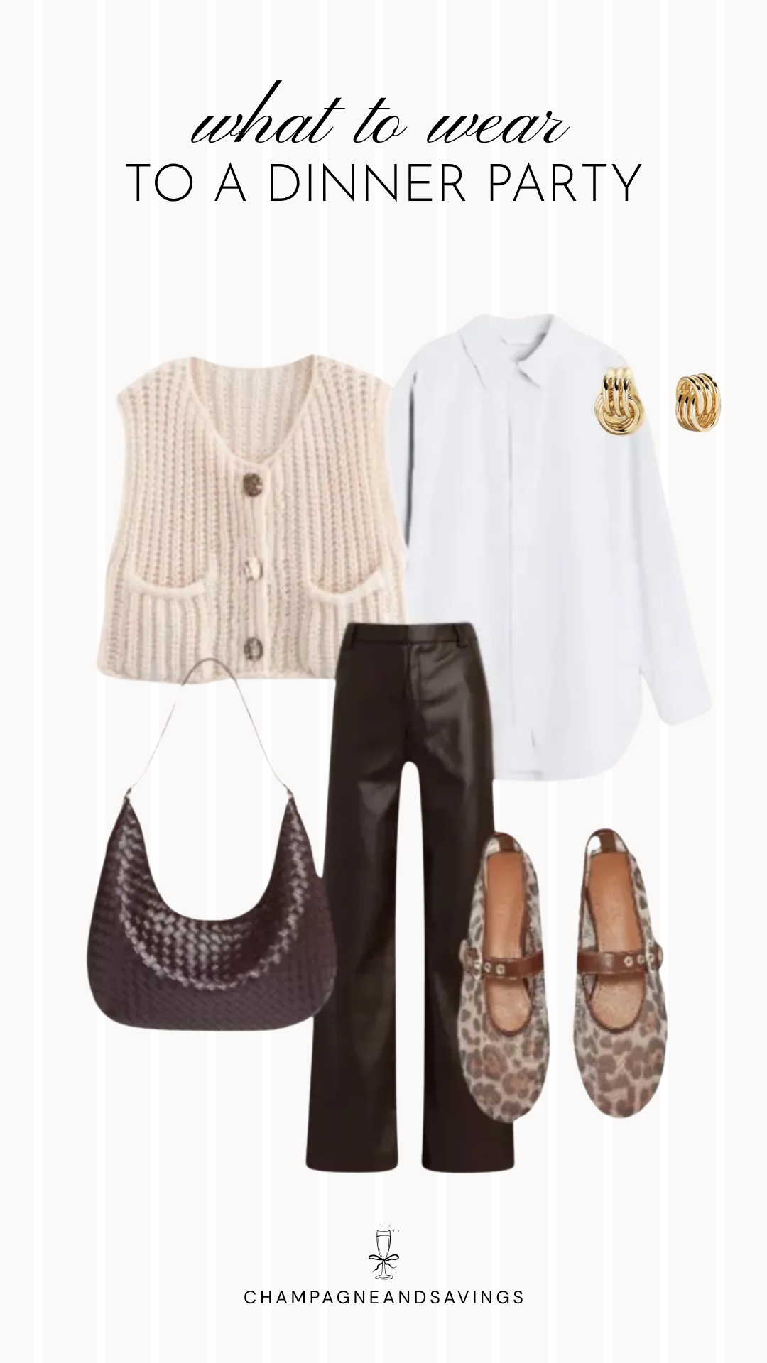 A dinner party outfit idea featuring a knit vest layered over a white button-down shirt for a classic fall look that's polished, cozy, and perfect for casual or semi-formal gatherings.