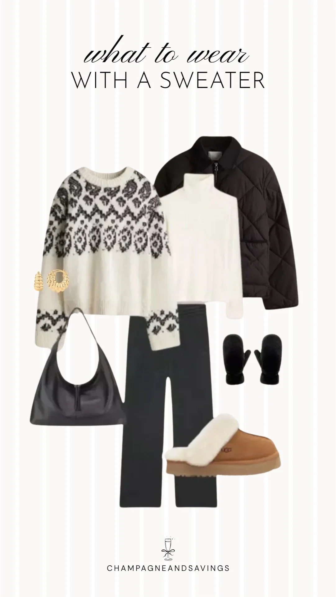Collage of outfit pieces featuring a Fair Isle sweater styled with leggings and a quilted jacket for a cozy and casual sweater outfit idea.