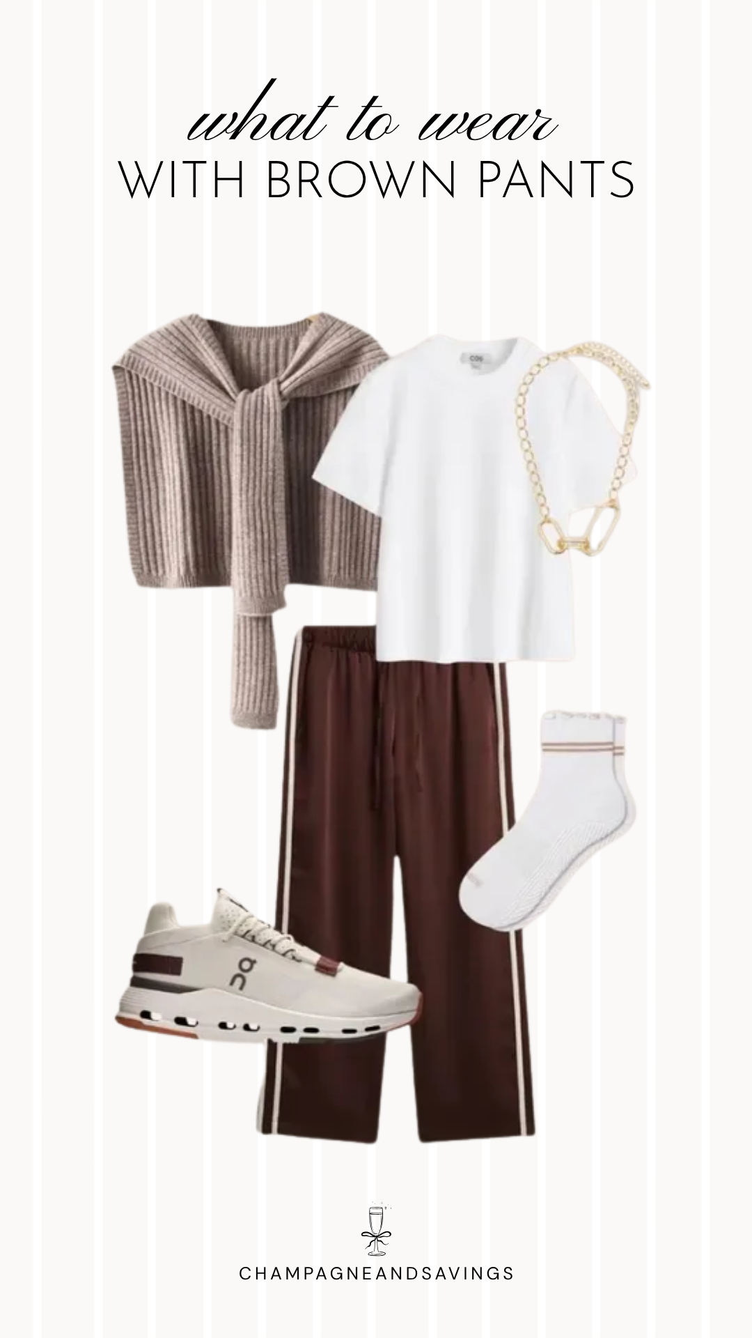 Brown pants outfit idea collage featuring a wrap sweater layered over a white tee with brown track pants for a casual, effortlessly chic look.