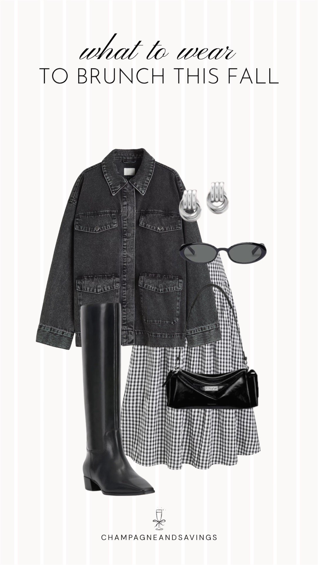 Collage of outfit pieces featuring an oversized denim jacket styled with a gingham skirt and tall black boots for a trendy fall brunch outfit idea.