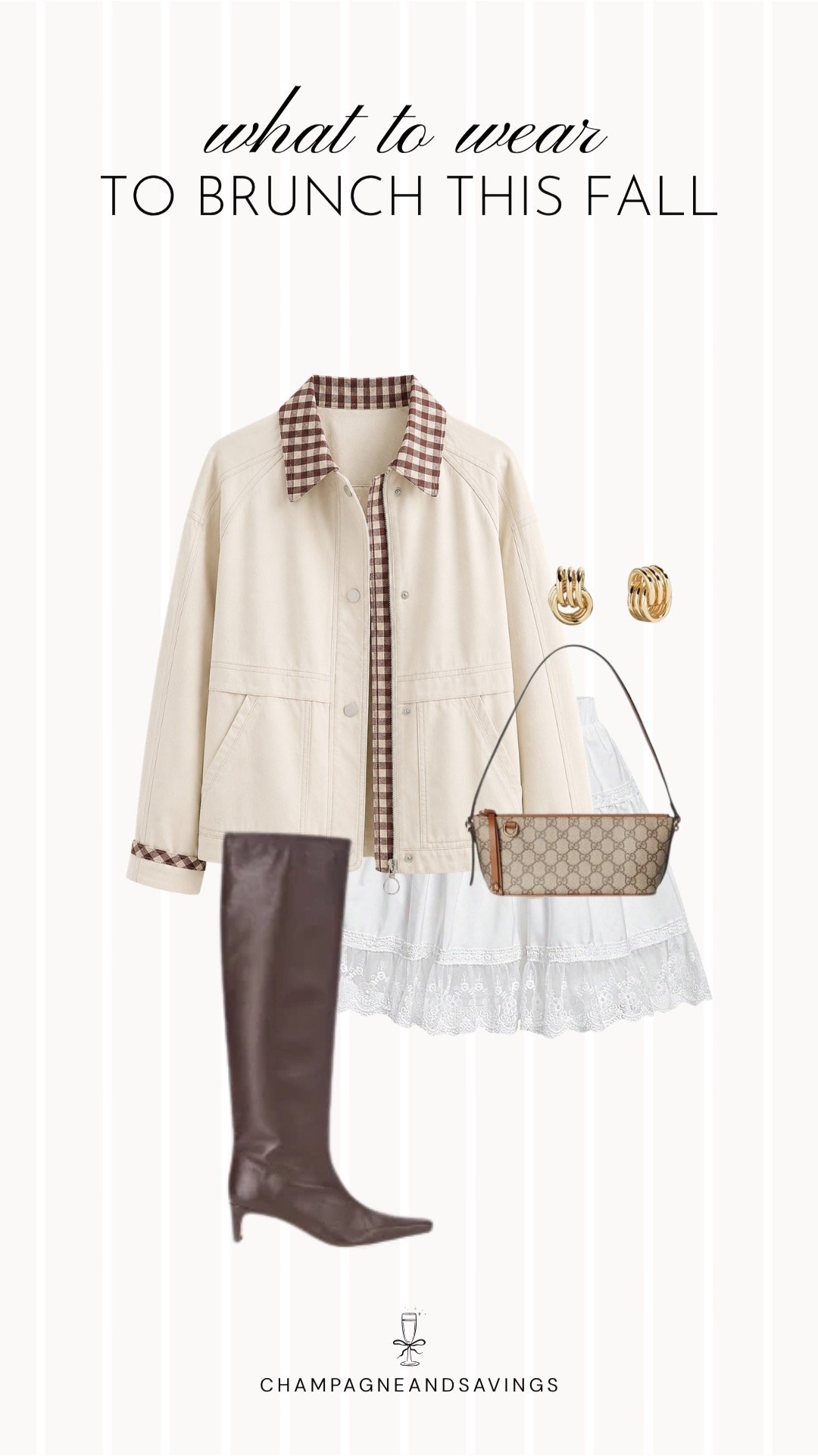 Collage of outfit pieces featuring a cream barn jacket styled with a white lace mini skirt and tall boots for a feminine fall brunch outfit idea with a cozy countryside feel.