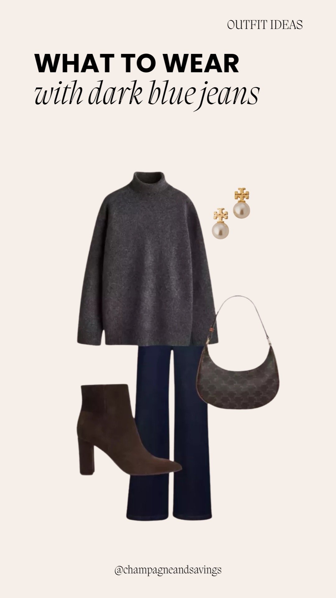 Collage of outfit pieces for a “Charcoal Sweater + Brown Boots” dark denim look, featuring dark denim paired with a charcoal sweater and brown boots, styled in a cozy casual aesthetic.