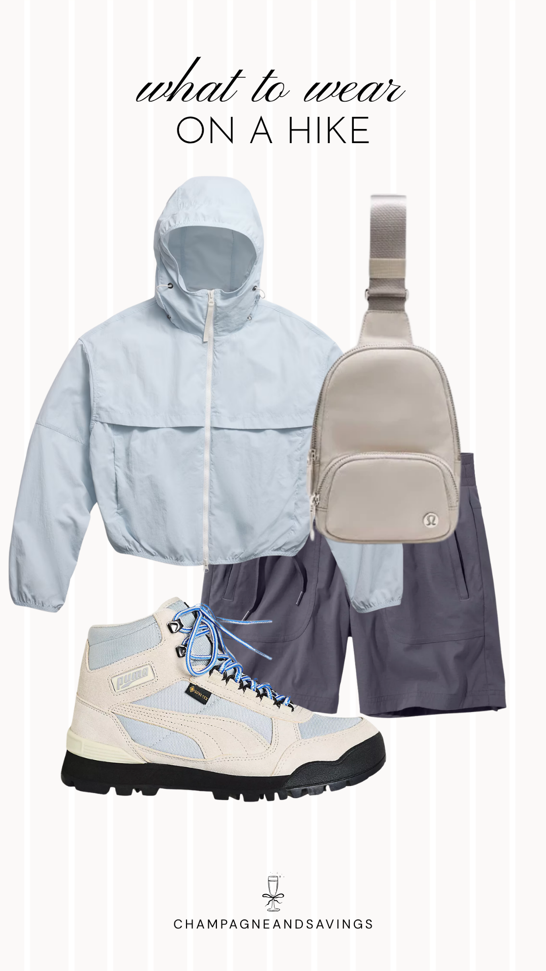 A collage of outfit pieces featuring a cropped jacket paired with grey hiking shorts, a sling bag, and comfortable hiking shoes, creating a lightweight, practical, and stylish hiking outfit for mild-weather trail adventures.