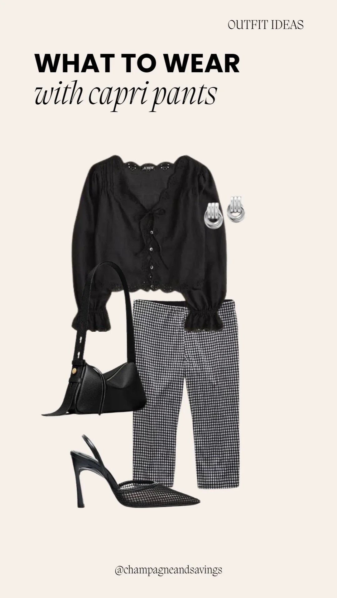 Collage of outfit pieces for a “Black Blouse and Gingham Capris” capri pants look, featuring capri pants paired with a black blouse and gingham print accents, styled in a chic polished aesthetic.