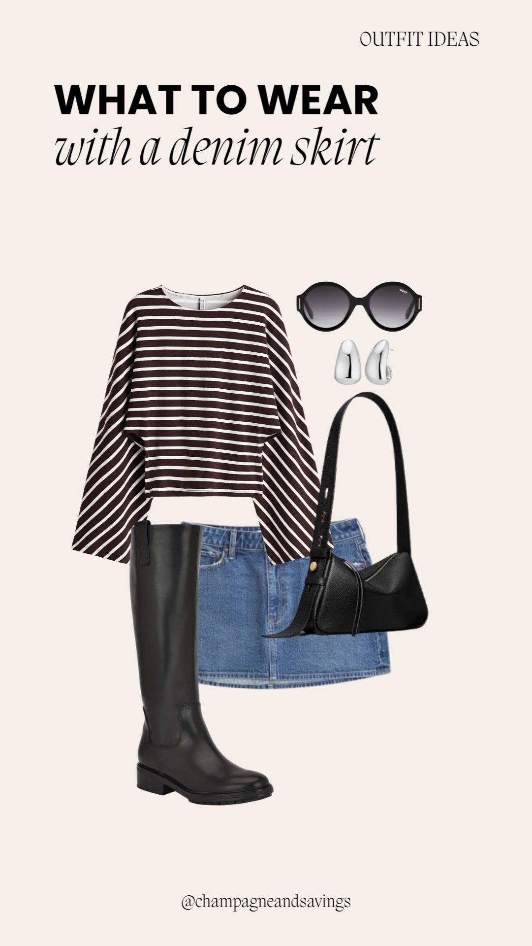 Mini skirt outfit idea featuring a denim mini skirt paired with a striped top and knee-high boots, styled together as coordinated outfit pieces.