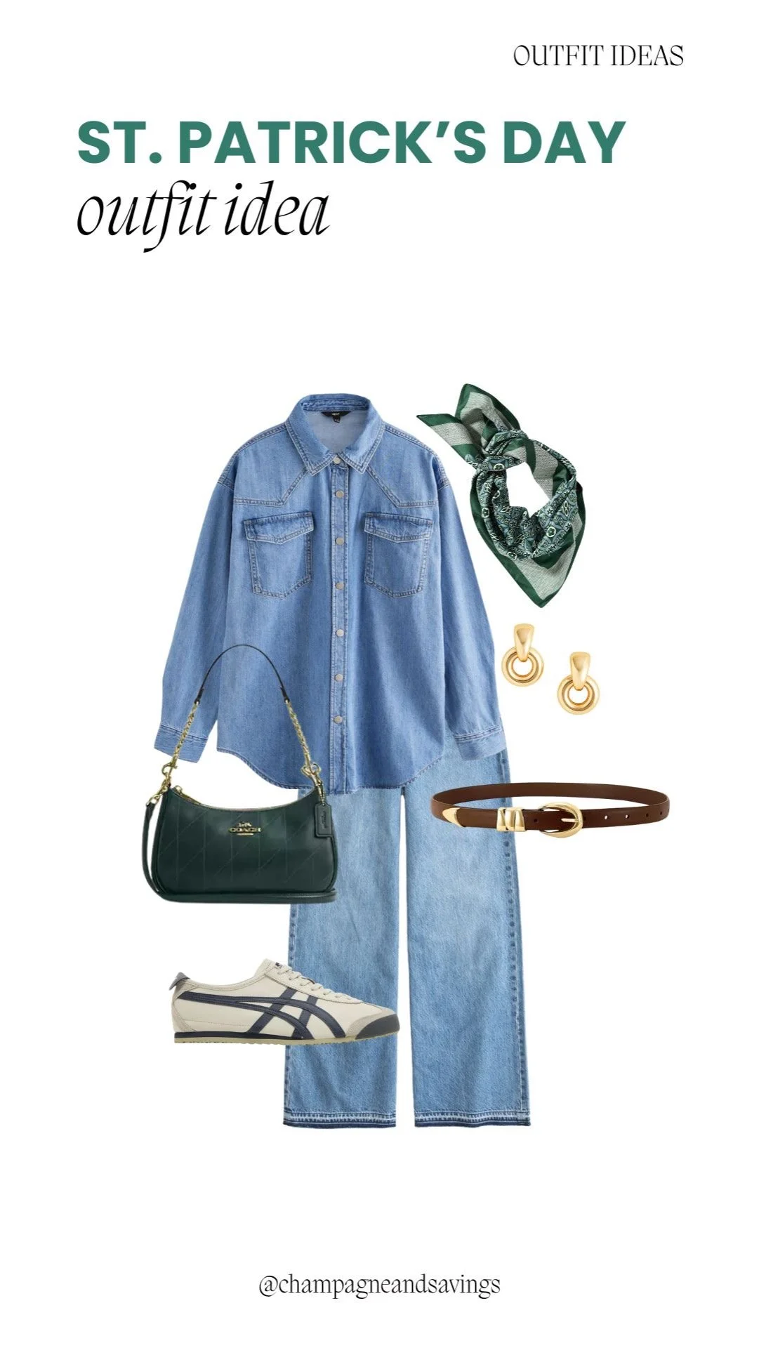 Denim button-down styled with green accessories for a casual and festive St. Patrick’s Day outfit.