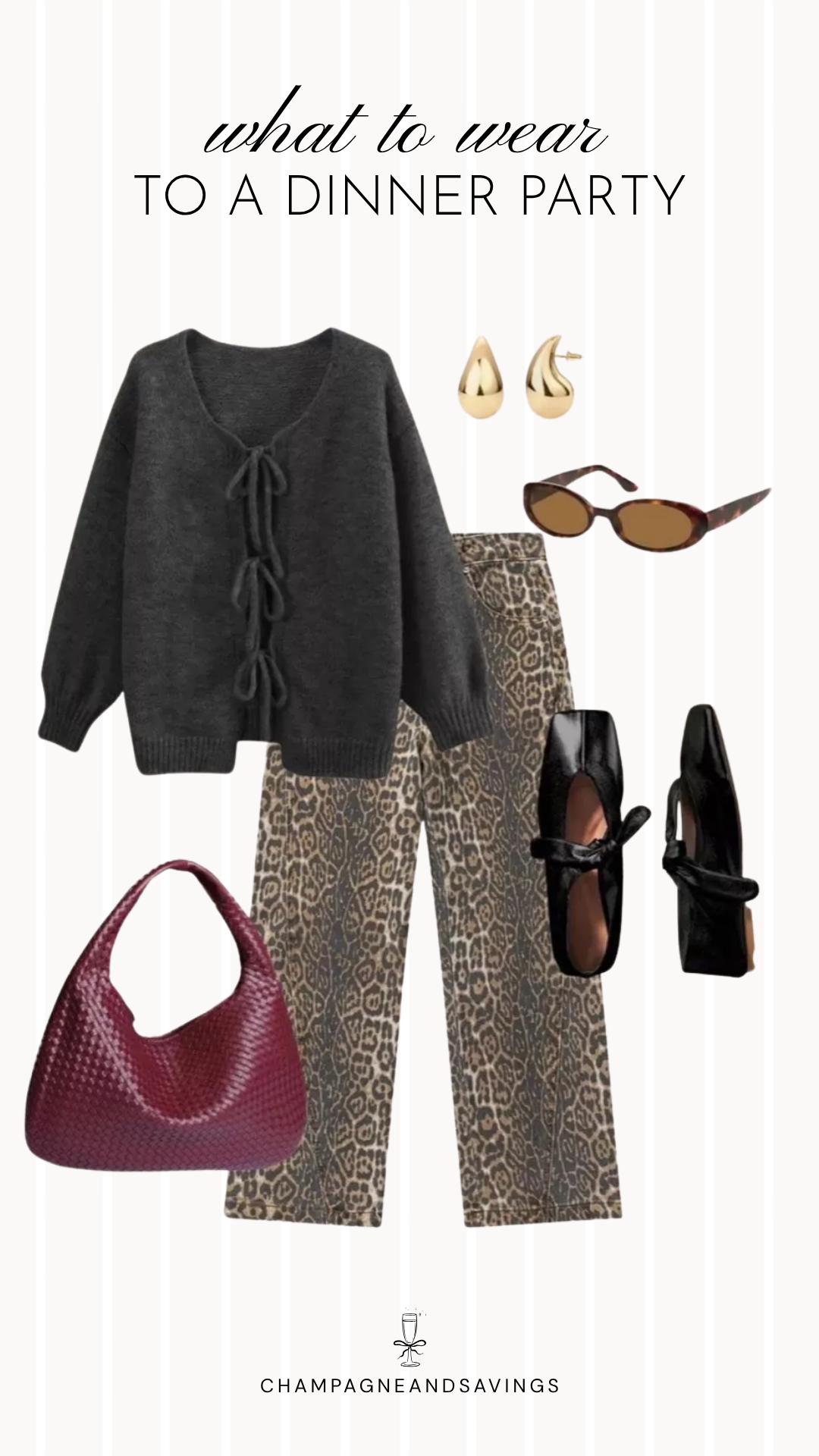 A dinner party outfit idea featuring a tie front cardigan paired with leopard print jeans for a trendy fall look that combines cozy textures with a fun statement pattern.