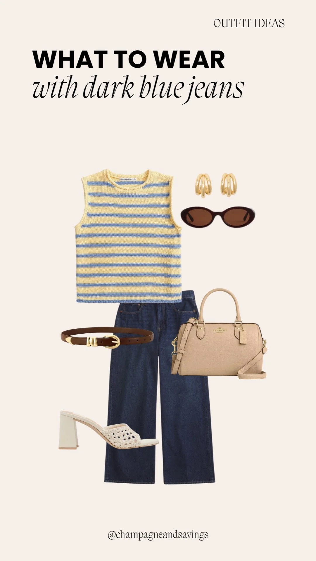 Collage of outfit pieces for a “Striped Tank + Neutral Heels” dark denim look, featuring dark denim paired with a striped tank top and neutral heels, styled in a casual chic aesthetic.
