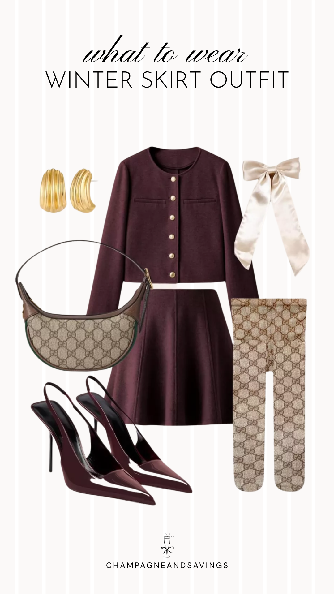 Burgundy mini skirt and matching jacket winter outfit idea with layered pieces and accessories for a chic cold-weather look.