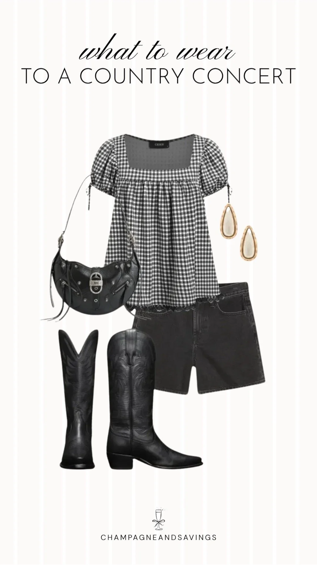 Collage of outfit pieces featuring a gingham babydoll top styled with black shorts and tall boots for a cute and trendy country concert outfit idea.