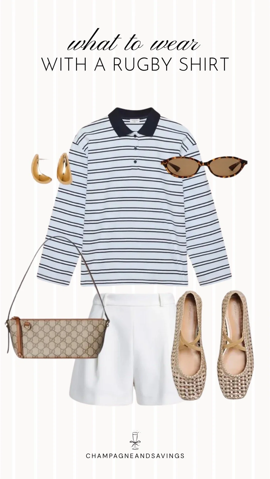 A polished rugby shirt outfit featuring a classic rugby shirt paired with tailored shorts and woven ballet flats, creating a sporty yet sophisticated look perfect for warm-weather outings.