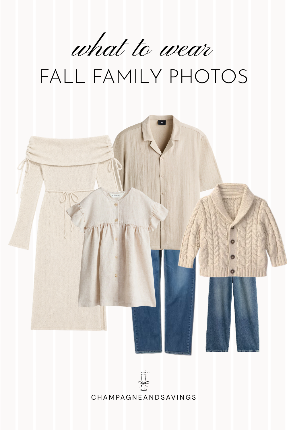 Collage of outfit pieces for a fall family photo color scheme featuring cream tones and denim pieces for a textured, cozy, and effortlessly coordinated family photo look.