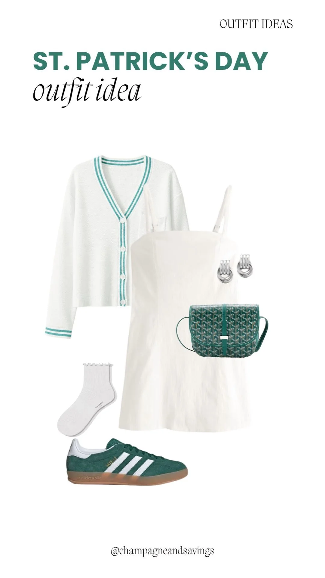 Cream cardigan layered over a mini dress with green accents for a chic and festive St. Patrick’s Day outfit.