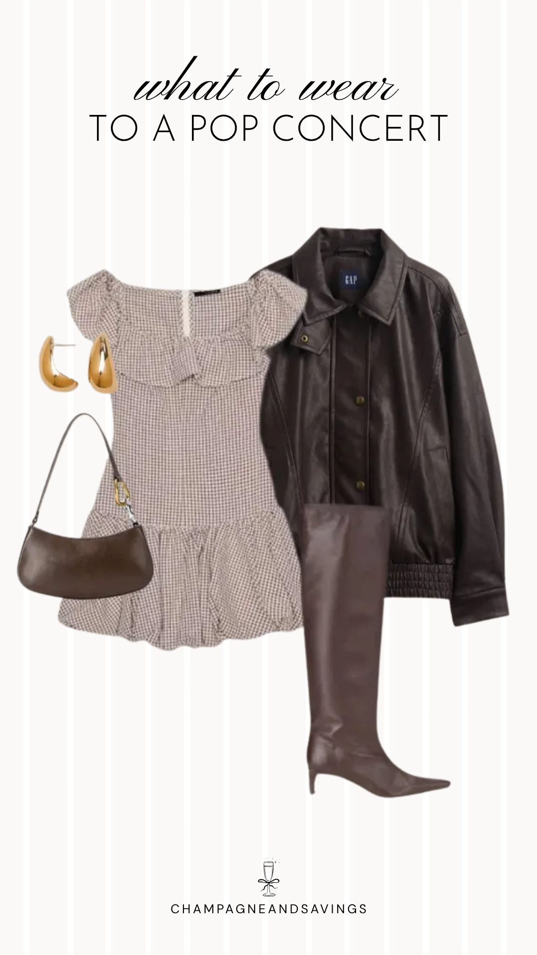 Collage of outfit pieces featuring a gingham bubble dress layered with a leather jacket and paired with tall boots, creating a playful yet edgy pop concert outfit idea.